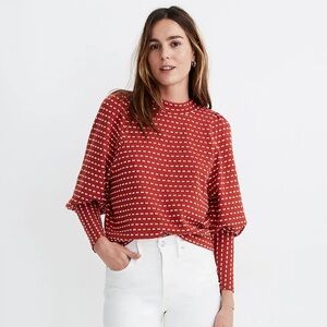 Like New Madewell Puff-Sleeve Mockneck Top in Bow-Tie Jacquard, L, Etruscan Clay